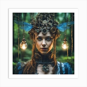 Winged Steampunk Blue Lantern Beauty Art Print