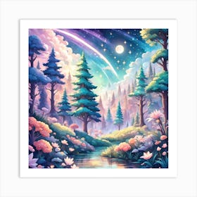 A Fantasy Forest With Twinkling Stars In Pastel Tone Square Composition 418 Art Print