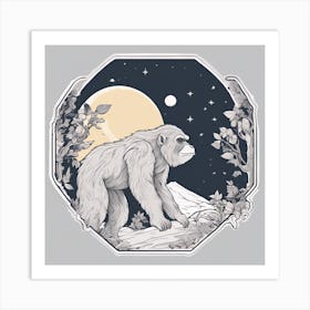 Sticker Art Design, Ape Howling To A Full Moon, Kawaii Illustration, White Background, Flat Colors, 1 Art Print