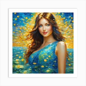 Beautiful Woman Inhj Blue Dress Art Print