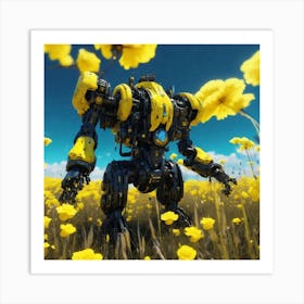 Robot In A Field Of Yellow Flowers 3 Art Print