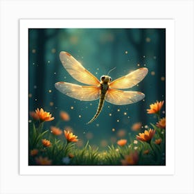 A Whimsical Dragonfly With Wings Of Glowing, Fractal Light Hovering Over A Magical Meadow Art Print