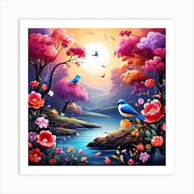 A Bright Toned Design With Flowers And Leaves Trees And Birds A Beautiful And Simple Picture Birds And Flowers Art Print