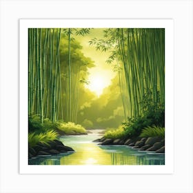 A Stream In A Bamboo Forest At Sun Rise Square Composition 252 Art Print
