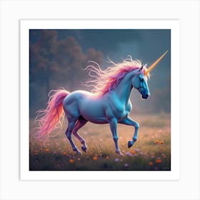 A Mythical Unicorn With A Mane Of Glowing, Fractal Colors Galloping Through A Surreal Meadow Art Print