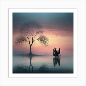 Silhouette Of A Couple In A Wheelchair Art Print