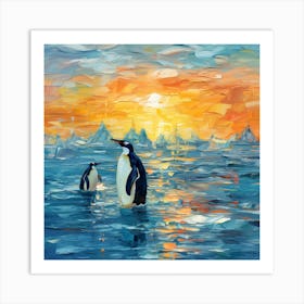 Penguins At Sunset 3 Art Print