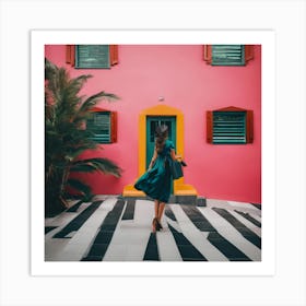 Woman In Front Of Colorful House Art Print