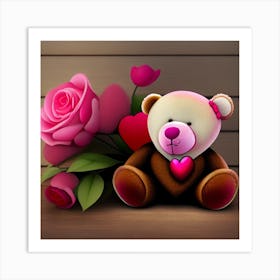 Teddy Bear With Roses Art Print