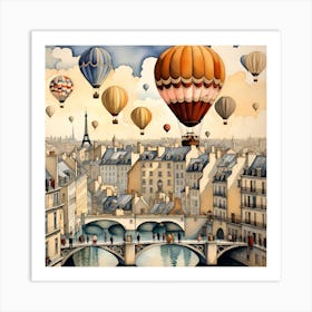 Paris Hot Air Balloons Watercolor Art Art Print