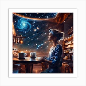 Girl In A Coffee Shop in Space Art Print