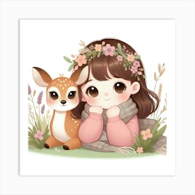 Cute Girl With A Deer Art Print