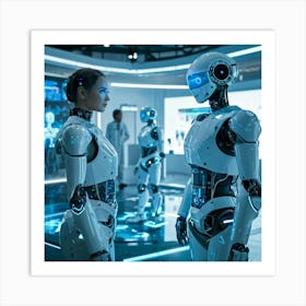 Futuristic Ai Center Holographic Interfaces Connecting With Sleek Humanoid Robots Humans In Advanc Art Print