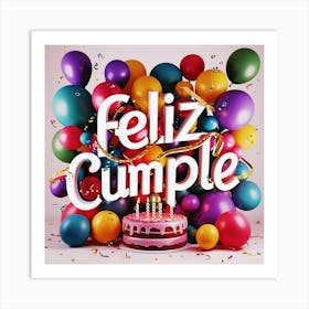 Feliz cumple and Feliz cumpleaños sign means Happy Birthday in Spanish language, Birthday party celebration gift with birthday cake candle colorful balloons best congratulation over light background wall artFeliz Cumple 37 Art Print