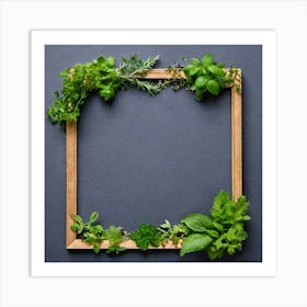 Wooden Frame With Herbs On Dark Background Art Print