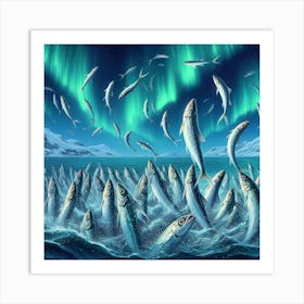 Sardines Dancing Under The Northern Lights In The Arctic Ocean, Style Realistic Oil Painting 1 Art Print