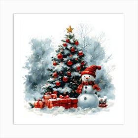 Snowman Christmas Tree Art Print