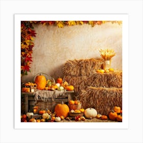 Autumn Harvest Scene Arranged Rustic Style Brimming With Seasonal Abundance Pumpkins Nestled Amon (2) Art Print