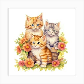 Three Kittens In A Basket Art Print