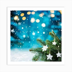 A Christmas Tree Branch Gleaming With Delicate Snowflakes In The Foreground A Merry Banner With Glo (4) Art Print