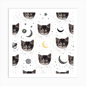 Cute Cats And Space Pattern Square Art Print