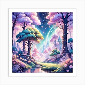 A Fantasy Forest With Twinkling Stars In Pastel Tone Square Composition 286 Art Print