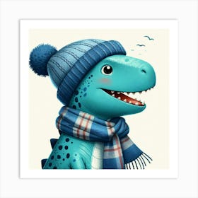 Blue Dinosaur With Hat And Scarf Canvas Print 1 Art Print