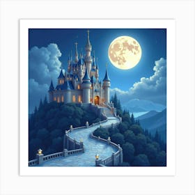 Diamond Tiara, Watercolor, Moonlit Castle 1 Art Print