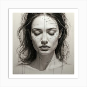 Pretty sad woman, line drawning, aesthetic painting, lines, portait Art Print