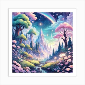 A Fantasy Forest With Twinkling Stars In Pastel Tone Square Composition 229 Art Print