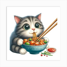 Cat Eating Noodles 1 Art Print