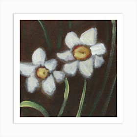 Two Daffodils - floral flower painting hand painted Anton Maliar square brown dark living room bedroom Art Print