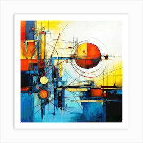 Futuristic Fusion: An Abstract Painting of Blue and Orange Circular Figures with Industrial and Technological Undertones Art Print