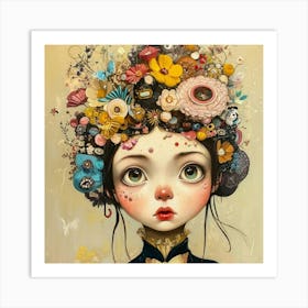 Girl With Flowers On Her Head Art Print