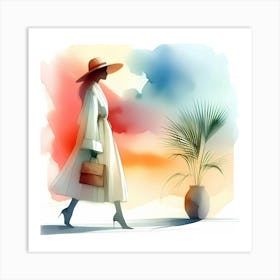 Watercolor Girl In Hat Art Print