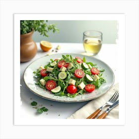 Watercolor Art Of A Fresh And Crisp Greek Salad On A Stylish Dining Table Art Print