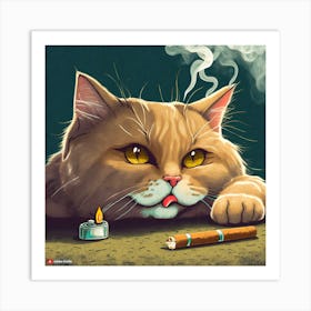 Firefly Cat Laying Down And Smoking, Cinematic, Cat Is Sad, Cigar On Cat S Lips, Fancy Lighter On Th Art Print