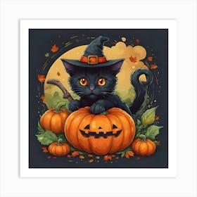 Black Cat Halloween Pumpkins Art Print