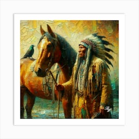 Elderly Native American Warrior With Horse 3 Art Print