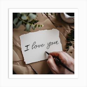 a person's hand is writing the phrase "I love you" in black ink on a white, textured piece of paper Art Print