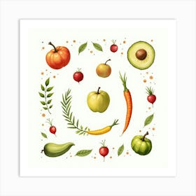 Delicate Watercolor Artwork Of Assorted Fruits And Veggies In An Appealing Display 1 Art Print