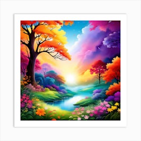 Colorful Landscape With Trees And Flowers Art Print