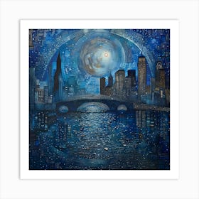 New York City At Night, Tiny Dots, Pointillism Art Print