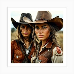 Two Cowgirls In Cowboy Hats Art Print