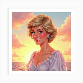 Soft Smiling Princess Diana With Watercolor Sunset And Floating Bright Clouds Art Print