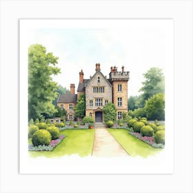 Watercolor View Of The Dunster Castle In Somerset, Highlighting Its Impressive Design And Beautiful Gardens Art Print