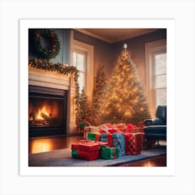 Christmas Presents Under Christmas Tree At Home Next To Fireplace Haze Ultra Detailed Film Photog (16) Art Print