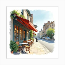 An English Café With Outdoor Seating And A View Of The Street, Watercolor Art Print