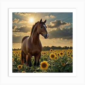 Horse In Sunflower Field 25 Art Print