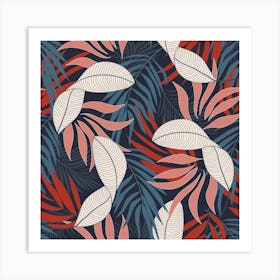 Fashionable Seamless Tropical Pattern With Bright Red Blue Flowers Art Print